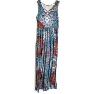 BOHO Criss Cross Mandala Medallion Maxi Dress V-Neck Maxi Dress L